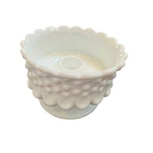 Vintage Hobnail Milk Glass Pedestal Candle Holder With Scalloped Edge